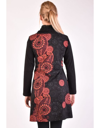 Krátké šaty s dlouhým rukávem a vysokým límcem, černé, paisley design, potisk