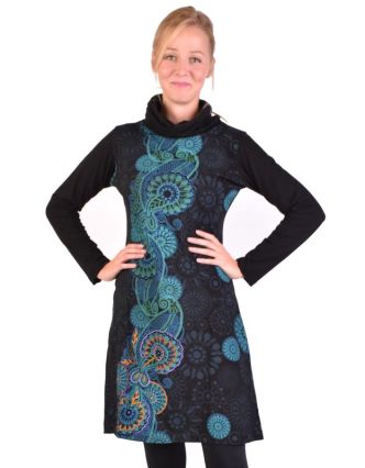 Krátké šaty s dlouhým rukávem a vysokým límcem, černé, paisley design, potisk