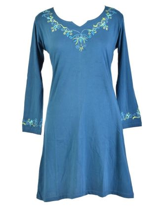 Krátké šaty s dlouhým rukávem, modré, výšivka