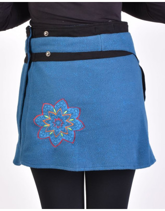 Krátká fleecová sukně zapínaná na patentky, Mandala design, petrolejově modrá