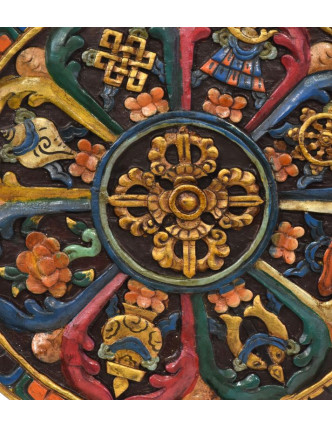 Dřevěný panel, Aštamangala, 8 šťastných symbolů, ručně malované, 38x38x2cm