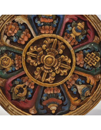 Dřevěný panel, Aštamangala, 8 šťastných symbolů, ručně malované, 29x29x2cm