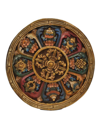Dřevěný panel, Aštamangala, 8 šťastných symbolů, ručně malované, 29x29x2cm