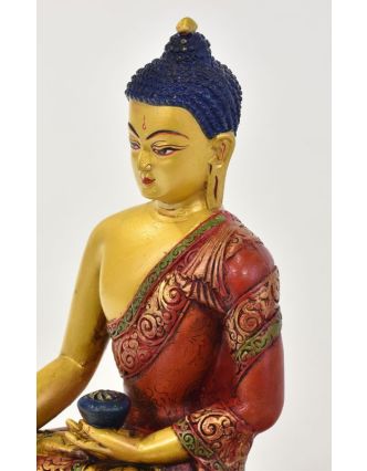 Buddha Šákjamuni, pryskyřice, pozlacený, ručně vyřezávaný, 12x11x22cm