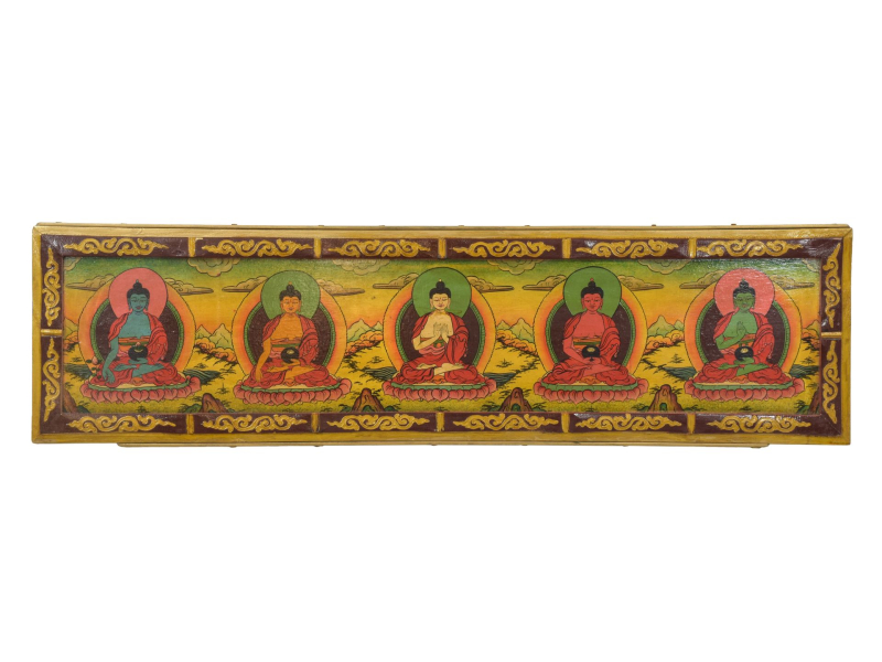Dřevěný panel, Pět Dhjáni Buddhů, ručně malované, 123x32x2cm