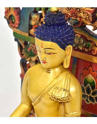 Dřevěný trůn s keramickou sochou Buddhy Šakjamuniho, 32x22x50cm