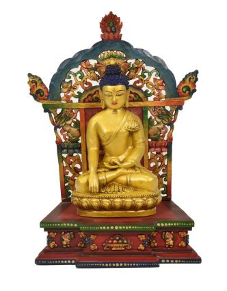 Dřevěný trůn s keramickou sochou Buddhy Šakjamuniho, 32x22x50cm