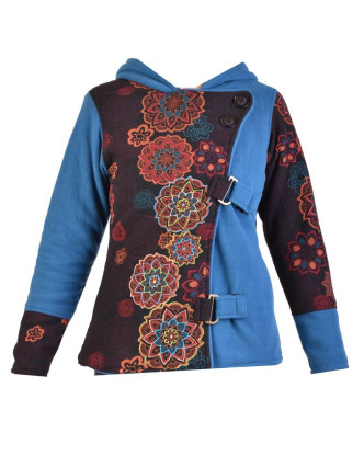 Krátký fleecový kabátek s kapucí, modrý, zapínaní na zip, potisk a výšivka mand