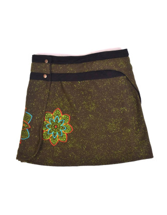 Krátká fleecová sukně zapínaná na patentky, Mandala design, khaki zelená