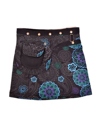 Krátká fleecová sukně zapínaná na patentky, Mandala design, černo-modrá, kapsa
