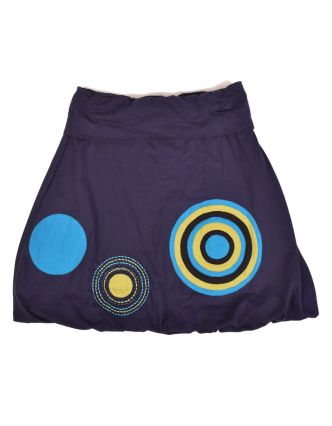 Krátká balonová sukně, tmavě modrá, kruhové aplikace, elastický pas