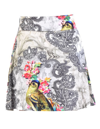 Krátká sukně, elastický pas, potisk papoušků a květin