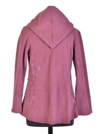 Švestkový asymetrický kabátek s kapucí zapínaný na knoflík, fialová výšivka
