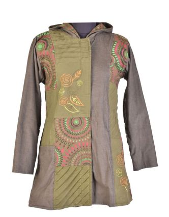 Khaki kabát s kapucí a potiskem Mandal, kombinace manžestr-bavlna, výšivka