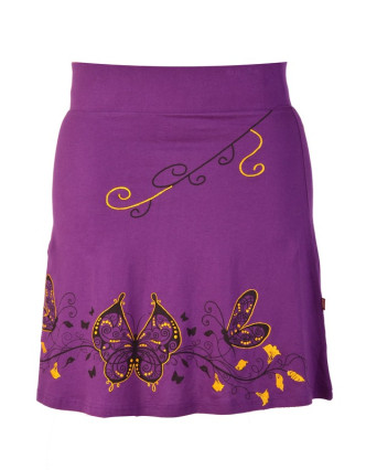 Krátká fialová sukně "Buttefly", potisk a výšivka, elastický pas