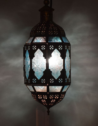 Arabská lampa, modrá, mosaz, ruční práce, 14x14x40cm