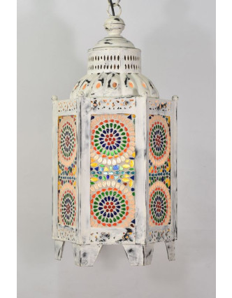 Kovová lucerna, bílá patina, barevná mozaika, 26x26x60cm