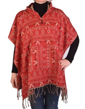 Barevné pončo s kapucí a třásněmi, vzor mini aztec, červená