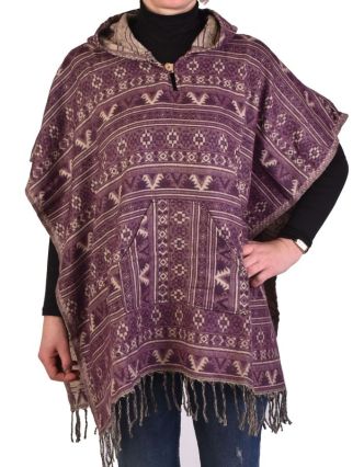 Barevné pončo s kapucí a třásněmi, vzor mini aztec, fialová