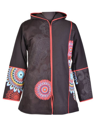 Černo-červený kabát s kapucí zapínaný na zip, barevný Mandala potisk, lemy