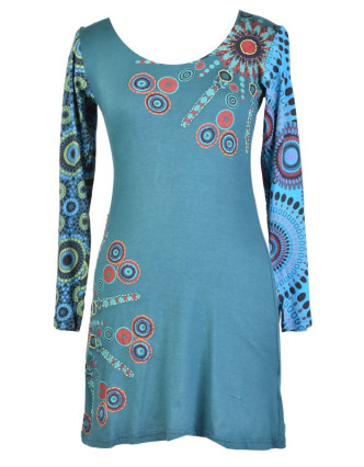 Modré šaty s dlouhým rukávem, Sun design, kulatý výstřih, potisk a výšivka