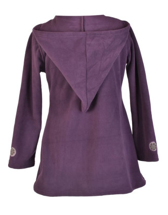 Švestkový mikinové šaty s kapucí a barevnými aplikacemi, V výstřih