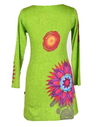 Limetkově zelené šaty s dlouhým rukávem "Mandala", barevný potisk, výstřih do V