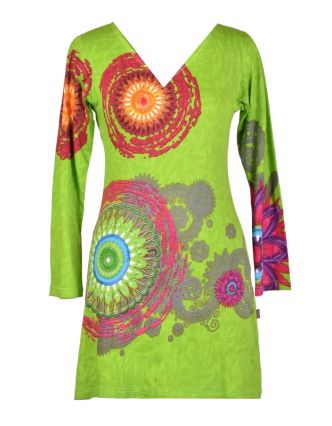 Limetkově zelené šaty s dlouhým rukávem "Mandala", barevný potisk, výstřih do V