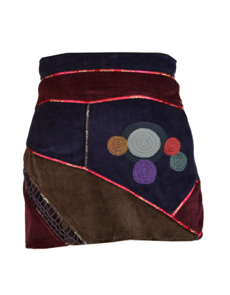 Krátká fialová sametová sukně s kruhovými aplikacemi a pletením, zip