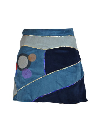 Krátká modrá sametová sukně s kruhovými aplikacemi a pletením, zip