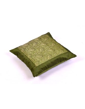 Povlak na polštář s výšivkou paisley, saténový, zelený, zip, 40x40cm