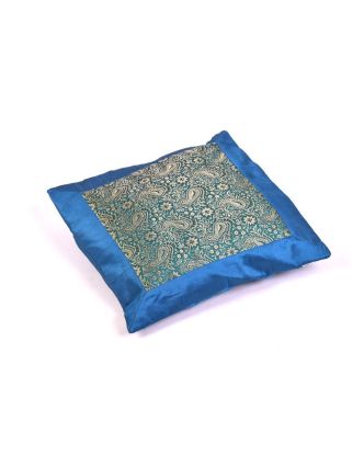 Povlak na polštář s výšivkou paisley, saténový, modrý, zip, 40x40cm