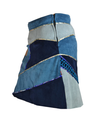 Krátká modrá sametová sukně s kruhovými aplikacemi a pletením, zip