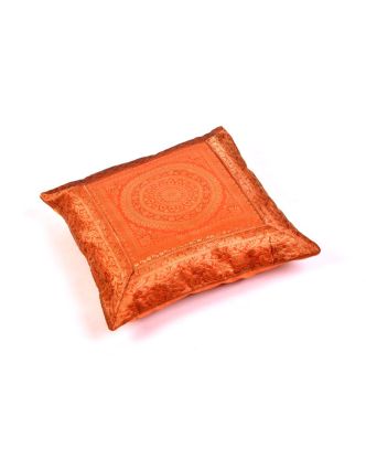 Oranžový saténový povlak na polštář s výšivkou mandala, zip, 40x40cm