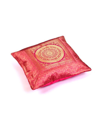 Růžový saténový povlak na polštář s výšivkou mandala, zip, 40x40cm