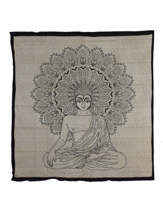 Přehoz na postel, Buddha, černo-béžový potisk, 204x227cm