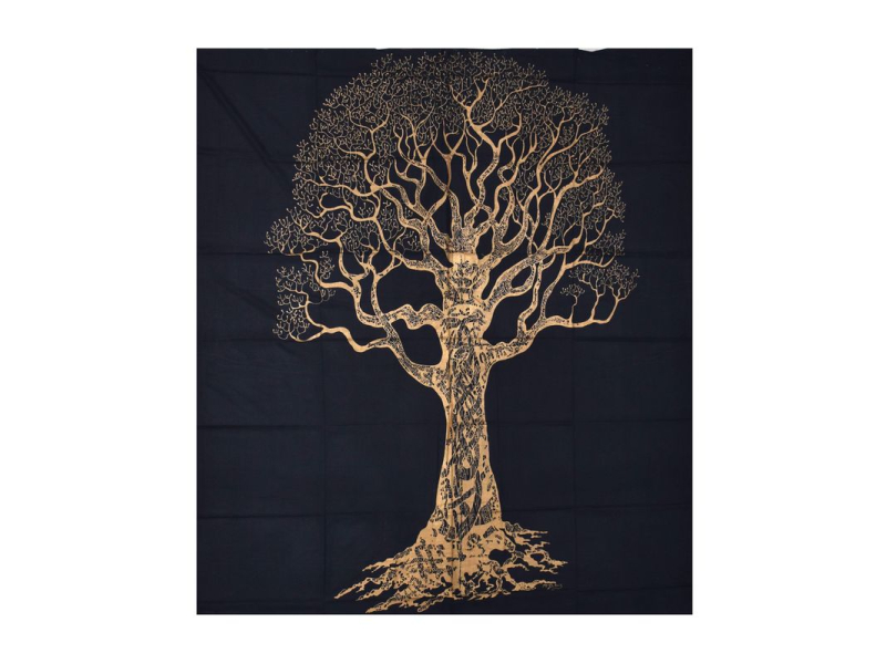 Přehoz s tiskem, strom života, černo-zlatý, 230x200 cm