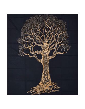 Přehoz s tiskem, strom, černo-zlatý, 230x200 cm