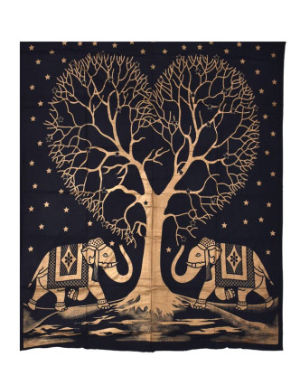 Přehoz s tiskem, strom a dva sloni, černo-zlatý, 230x200 cm