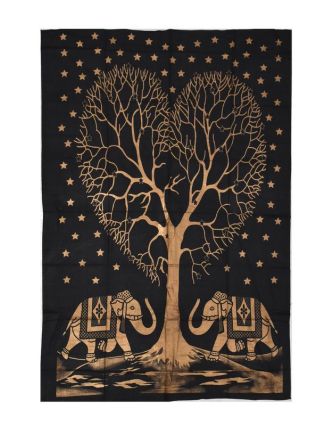 Přehoz s tiskem, sloni a strom života, černo-zlatý 200x130cm