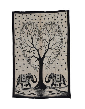 Přehoz s tiskem, sloni a strom života, černo béžový potisk, 200x130cm