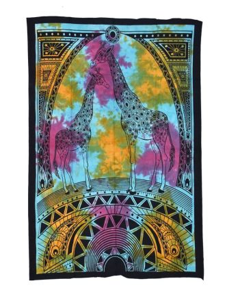 Přehoz s tiskem, Žirafy, barevná batika, 130x210 cm