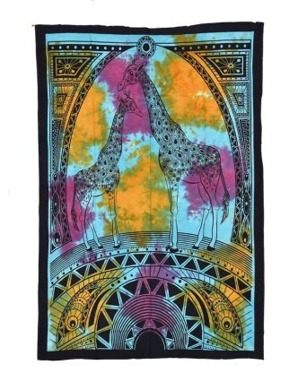 Přehoz s tiskem, Žirafy, barevná batika, 130x210 cm