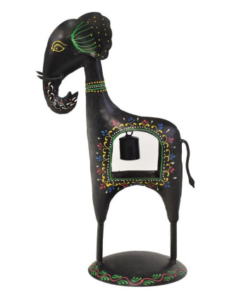 Soška slona se zvonečkem, ručně malovaný kov, černý, 23x15x38cm