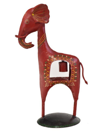 Soška slona se zvonečkem, ručně malovaný kov, červený, 23x15x38cm