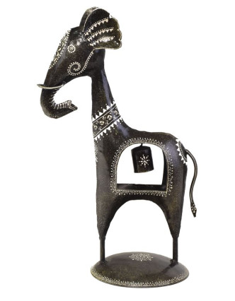 Soška slona se zvonečkem, ručně malovaný kov, černý, 24x15x40cm