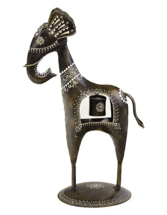 Soška slona se zvonečkem, ručně malovaný kov, černý, 24x13x35cm