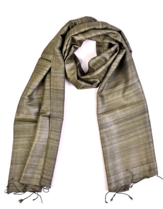 Šátek z hrubého hedvábí, khaki zelená, třásně, 35x180cm