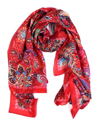 Hedvábný šátek paisley a květiny potisk, červeno-barevný, 170x100cm