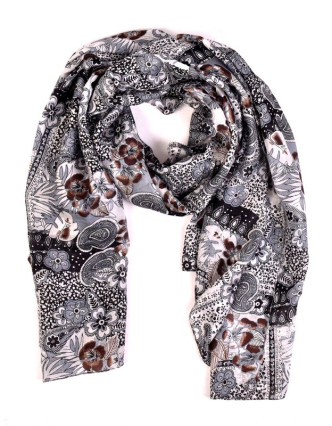 Hedvábný šátek, květiny potisk, šedivo-černý, 170x100cm
